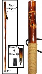 55≈ Wooden Walking/Hiking Stick (Bear Design) Rope Wrapped,Metal Tip