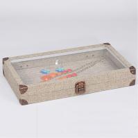 antique look wooden case w/ glass top - burlap